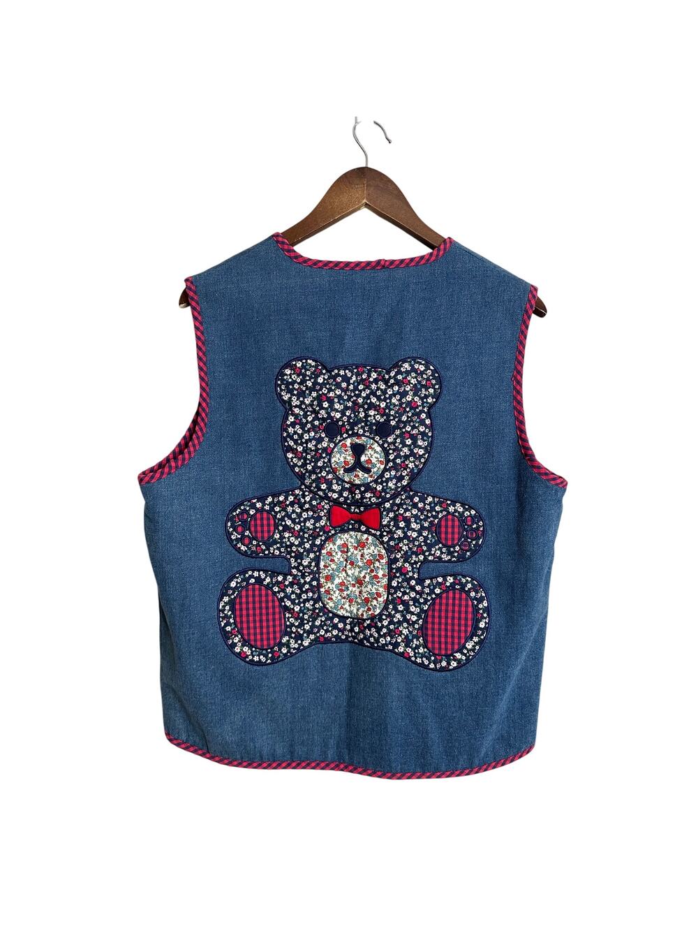 Teddy Fresh Denim Teddy Bear Patchwork Quilted Vest Gingham Reversible Womans L